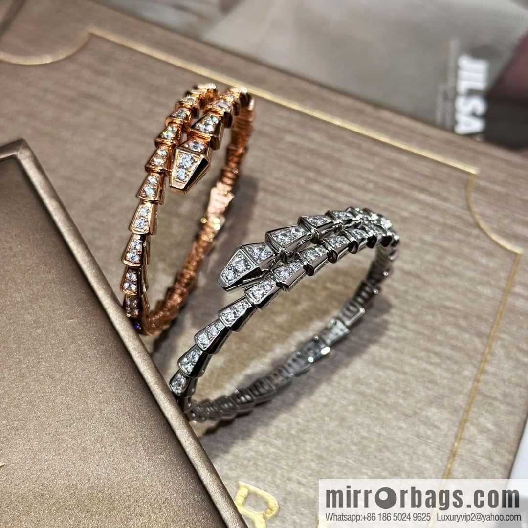☀️Bulgari BVLGARI Narrow Edition Full Diamond Snake Bone Bracelet ☀️ Rose Gold, Silver ☀