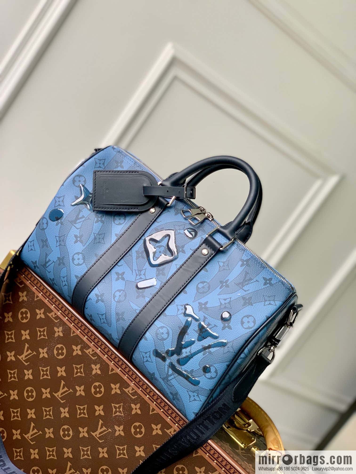 M22573 Crystal Dark Blue Travel Bags KEEPALL BANDOULIZRE 35 Handbags