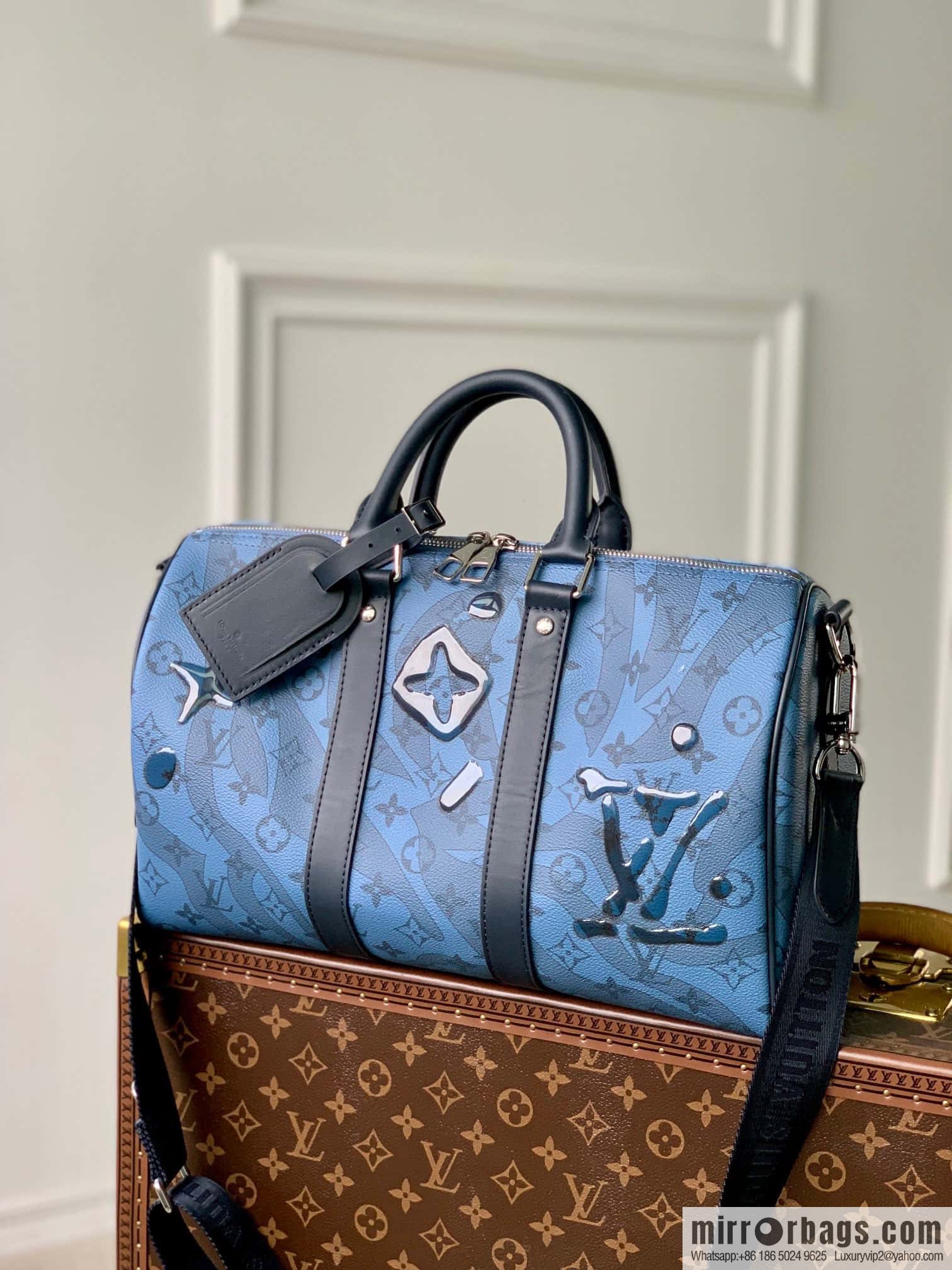M22573 Crystal Dark Blue Travel Bags KEEPALL BANDOULIZRE 35 Handbags