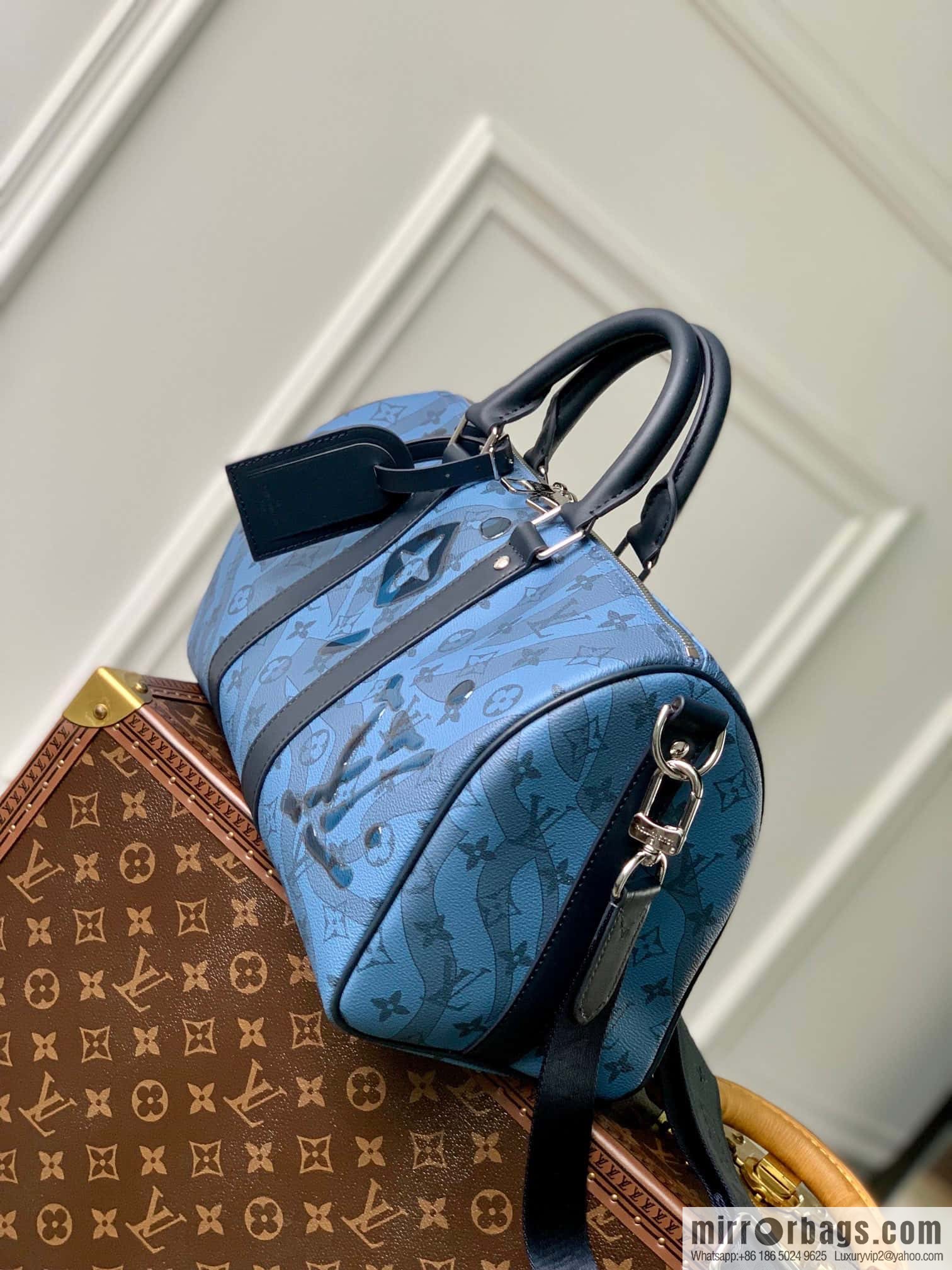 M22573 Crystal Dark Blue Travel Bags KEEPALL BANDOULIZRE 35 Handbags