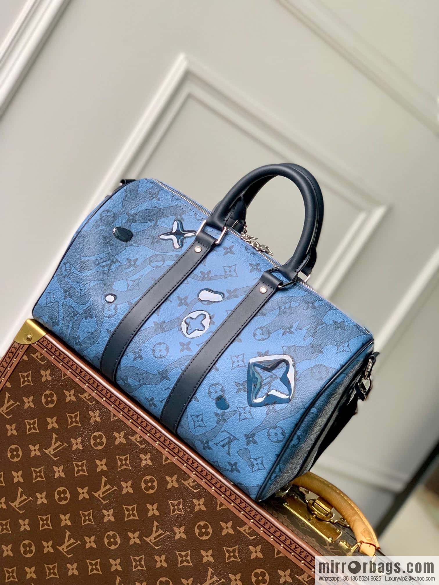 M22573 Crystal Dark Blue Travel Bags KEEPALL BANDOULIZRE 35 Handbags