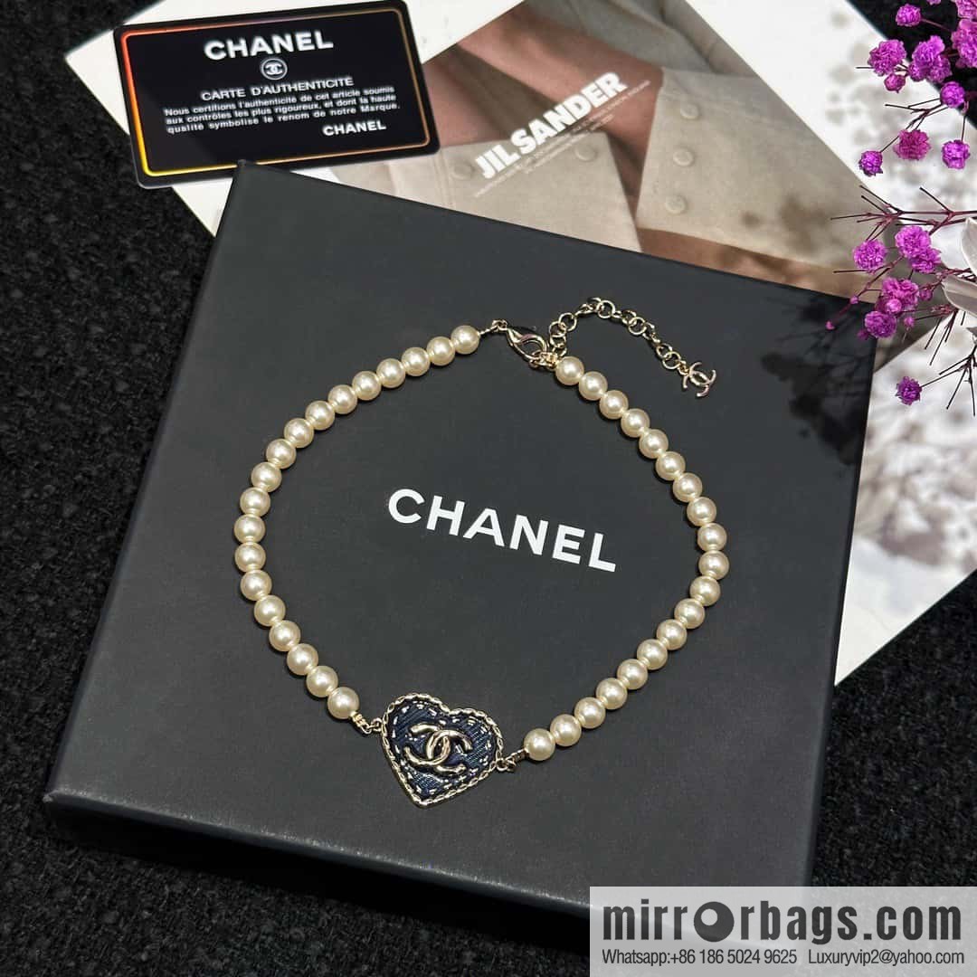 ❗️New ❗️☀️ New ☑️ Chanel Double C Peach Heart Love Denim Pearl Necklace ☀️
