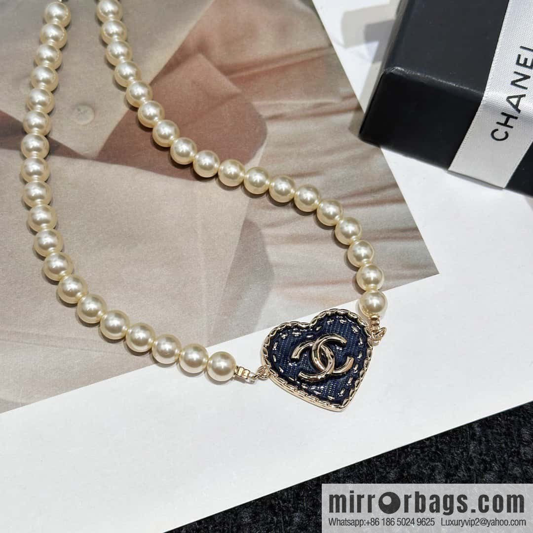 ❗️New ❗️☀️ New ☑️ Chanel Double C Peach Heart Love Denim Pearl Necklace ☀️