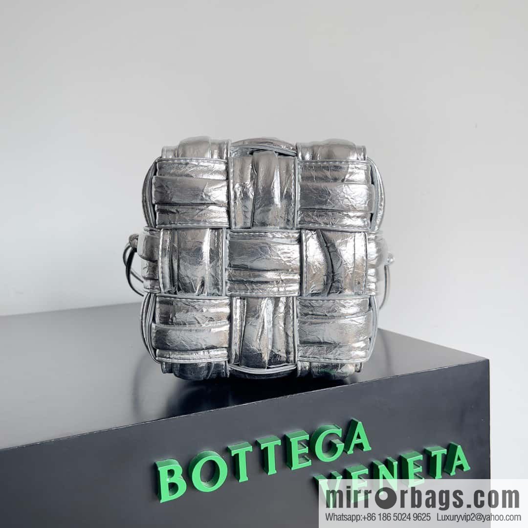 BottegaVeneta Bv small bucket bag pleated leather woven bucket bag model number: 717187 silver
