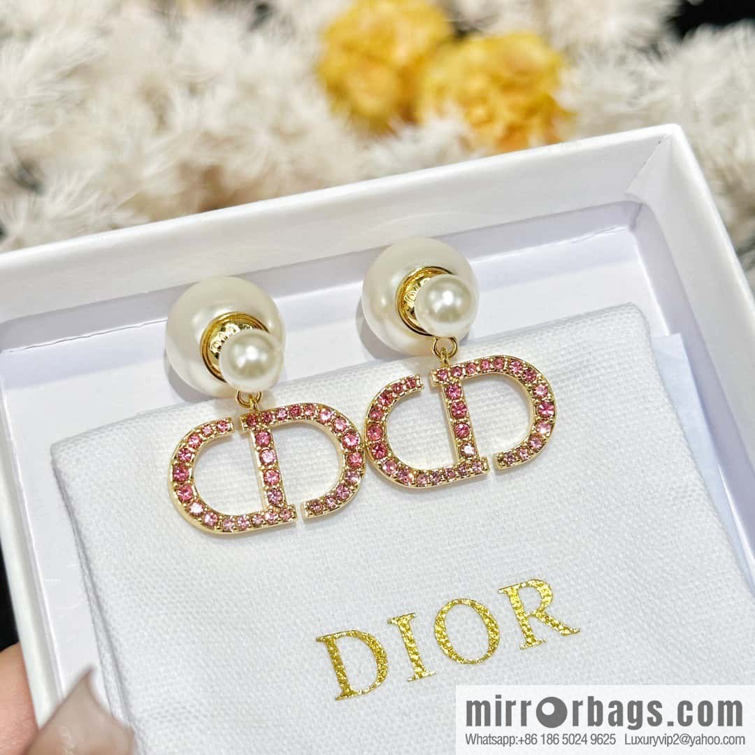 New ☑️ DIOR Dior Pink Diamond CD Size Pearl Earrings Earrings