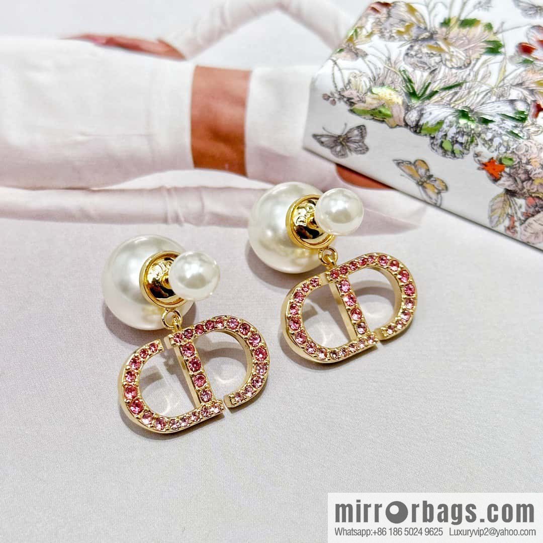 New ☑️ DIOR Dior Pink Diamond CD Size Pearl Earrings Earrings