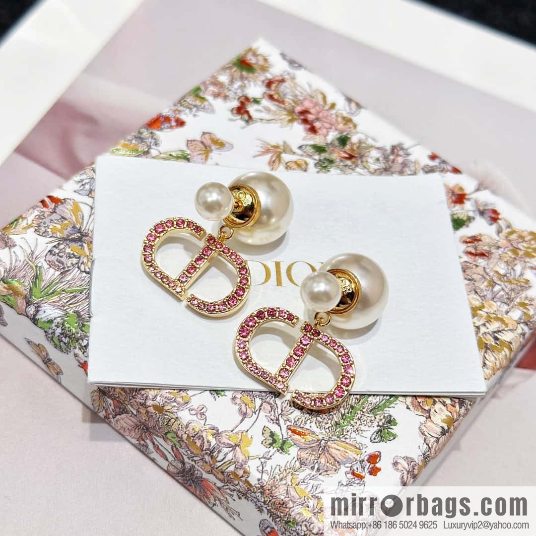 New ☑️ DIOR Dior Pink Diamond CD Size Pearl Earrings Earrings