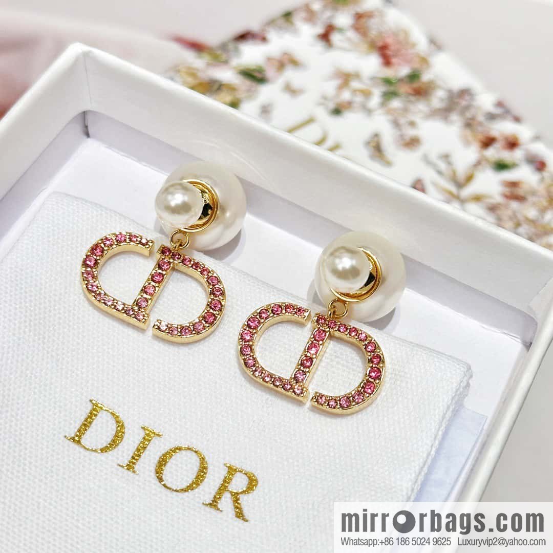 New ☑️ DIOR Dior Pink Diamond CD Size Pearl Earrings Earrings