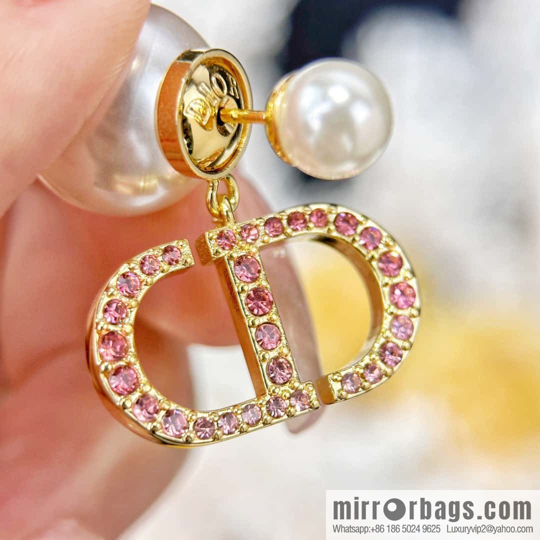 New ☑️ DIOR Dior Pink Diamond CD Size Pearl Earrings Earrings