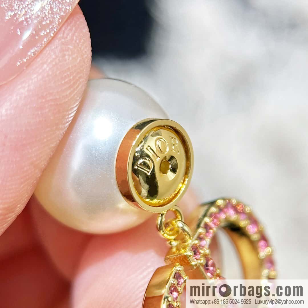 New ☑️ DIOR Dior Pink Diamond CD Size Pearl Earrings Earrings