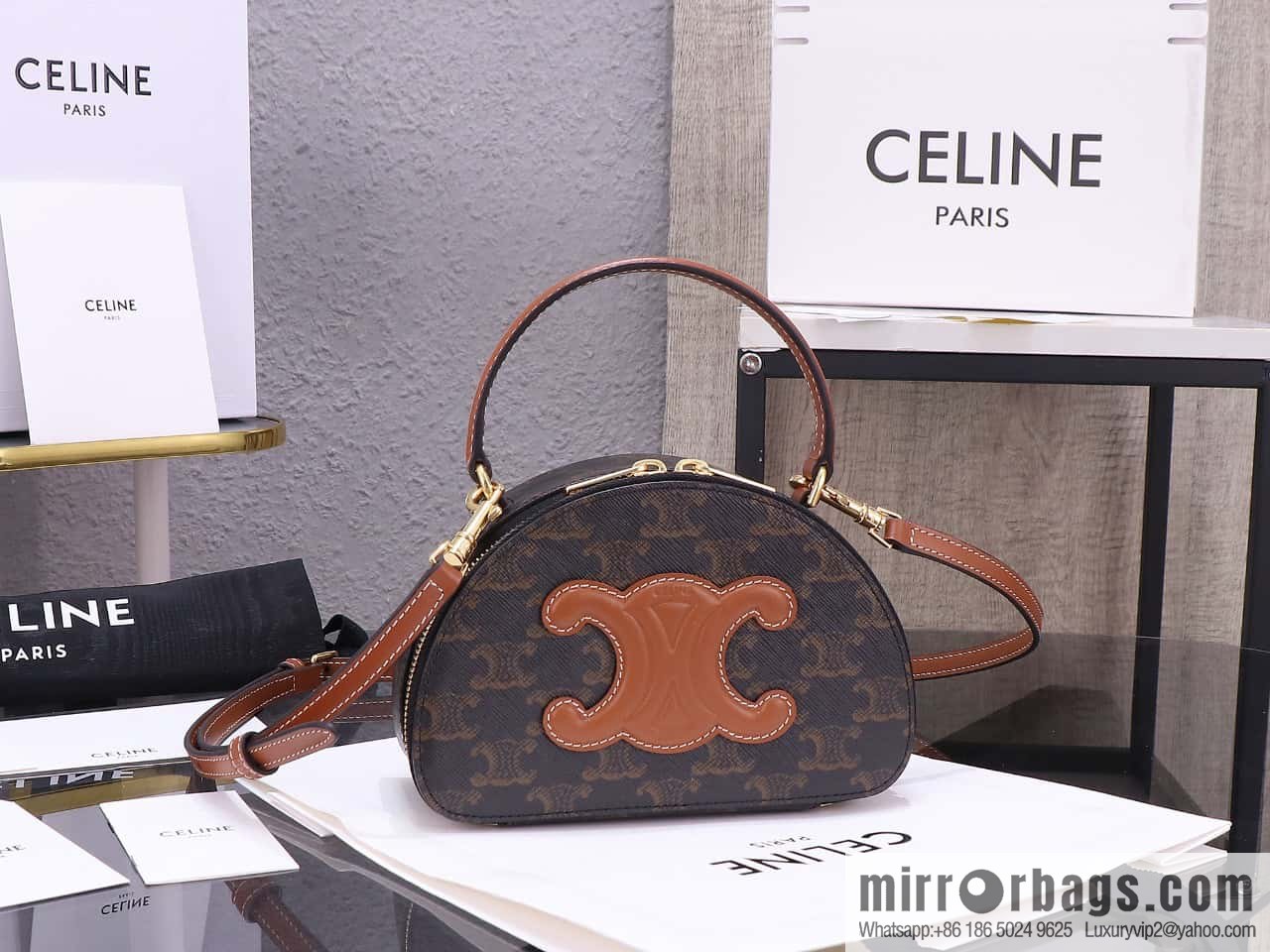 [Premium quality, all-steel hardware] logo printed cow leather (fabric) half-moon bag, yellow-brown, number: 101642ECM.04LU