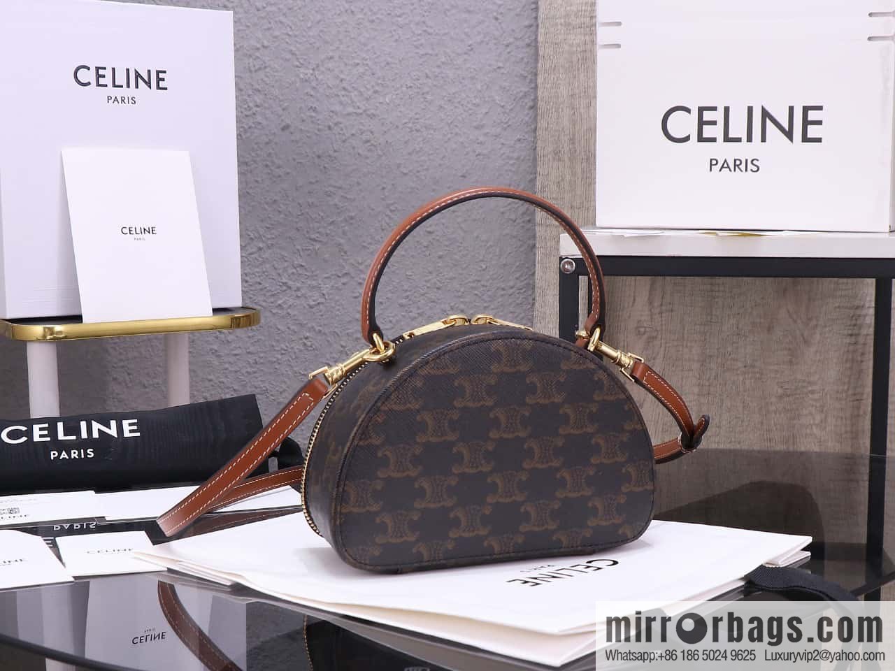 [Premium quality, all-steel hardware] logo printed cow leather (fabric) half-moon bag, yellow-brown, number: 101642ECM.04LU