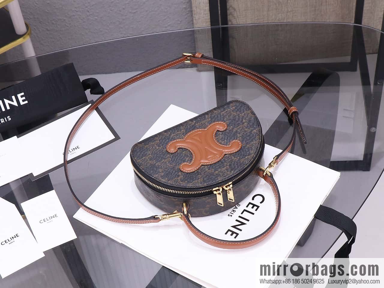 [Premium quality, all-steel hardware] logo printed cow leather (fabric) half-moon bag, yellow-brown, number: 101642ECM.04LU