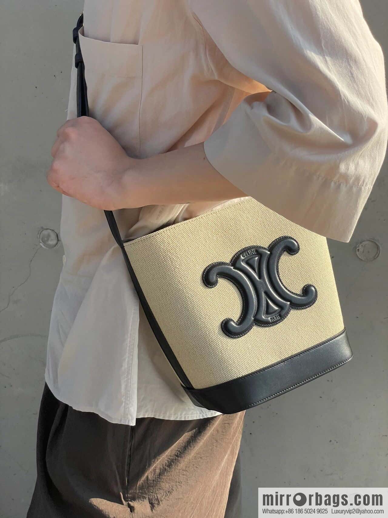 [Premium quality, all-steel hardware] 23s new product | CELINE CUIR TRIOMPHE small striped fabric leather bucket bag 23s new fabric series, number: 198243DU3.04LU