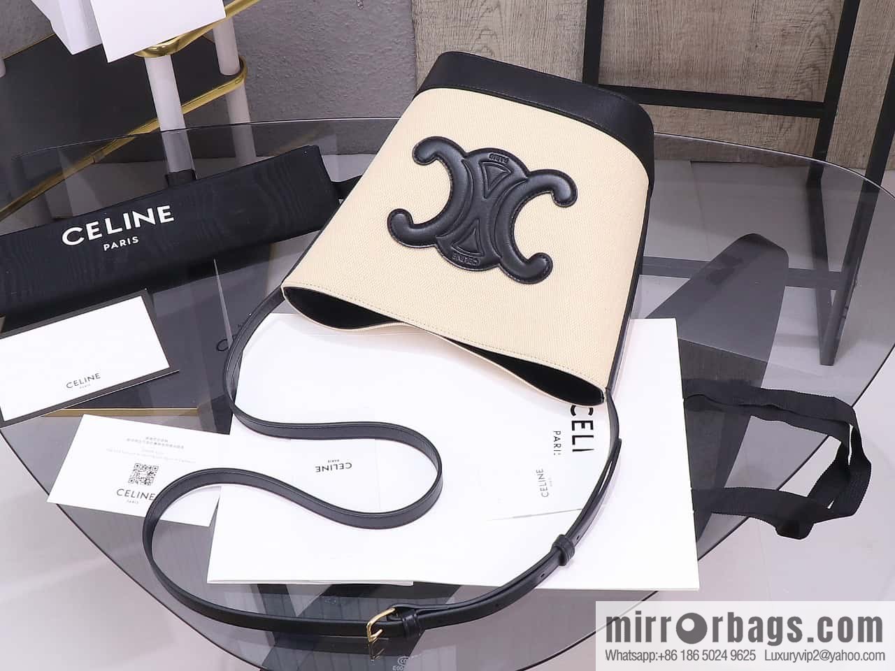 [Premium quality, all-steel hardware] 23s new product | CELINE CUIR TRIOMPHE small striped fabric leather bucket bag 23s new fabric series, number: 198243DU3.04LU