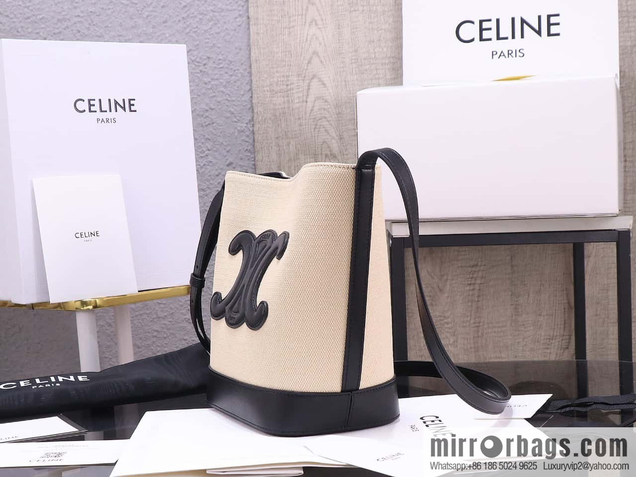 [Premium quality, all-steel hardware] 23s new product | CELINE CUIR TRIOMPHE small striped fabric leather bucket bag 23s new fabric series, number: 198243DU3.04LU