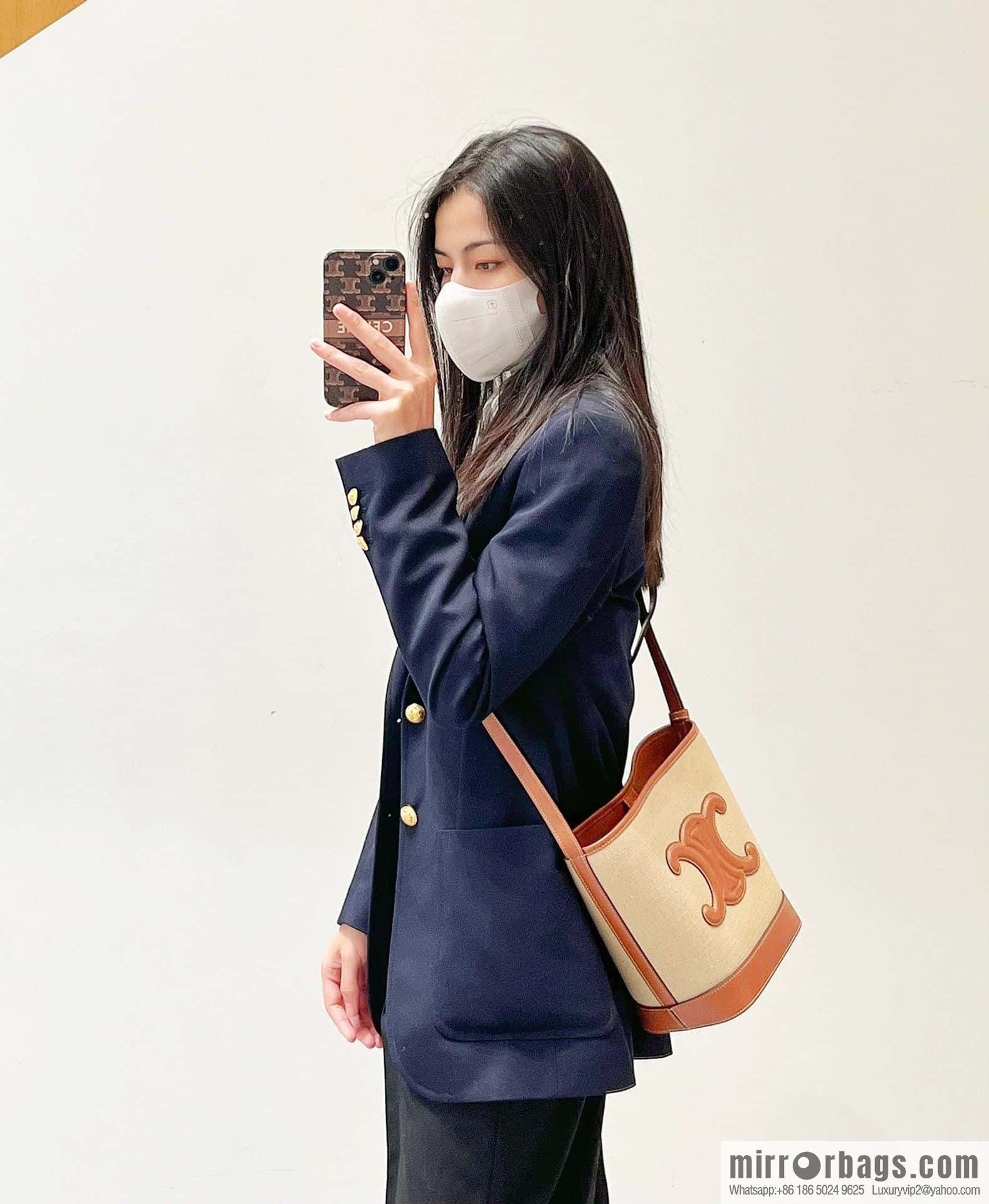 [Premium quality, all-steel hardware] 23s new product | CELINE CUIR TRIOMPHE small striped fabric leather bucket bag 23s new fabric series, number: 198243DU3.04LU