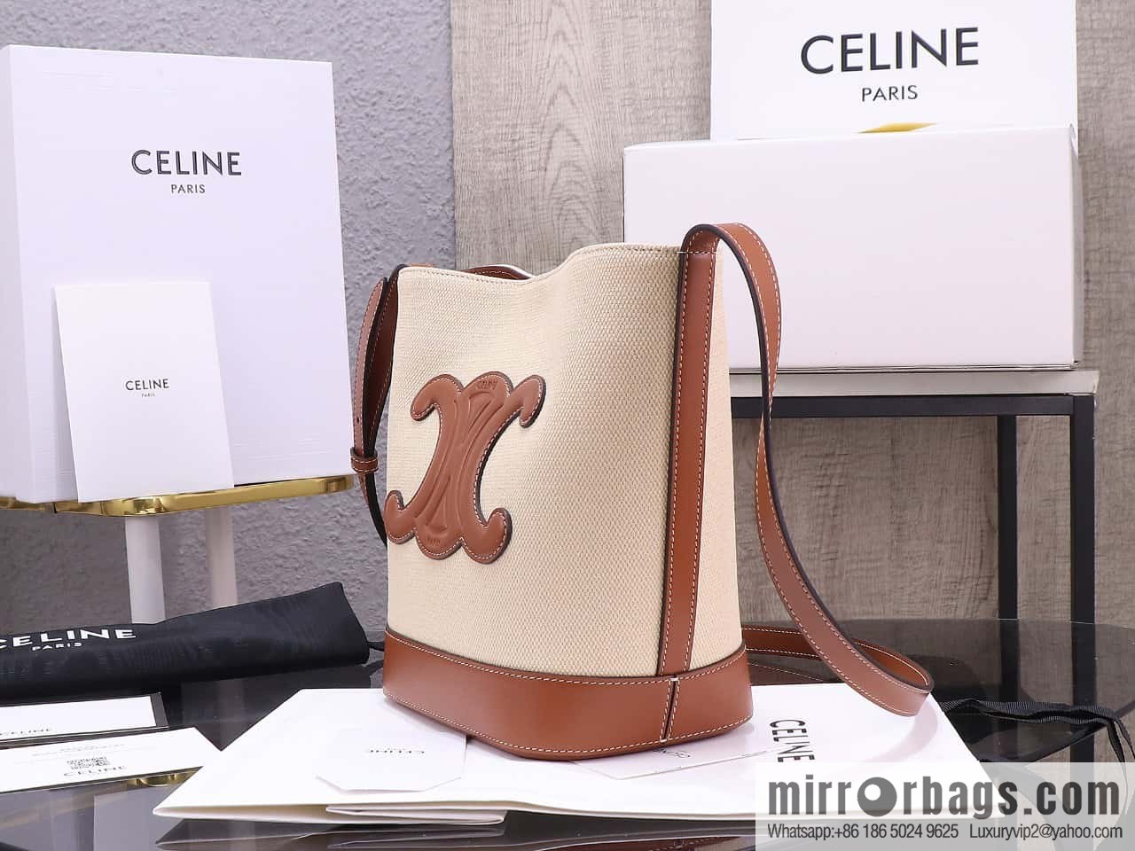 [Premium quality, all-steel hardware] 23s new product | CELINE CUIR TRIOMPHE small striped fabric leather bucket bag 23s new fabric series, number: 198243DU3.04LU