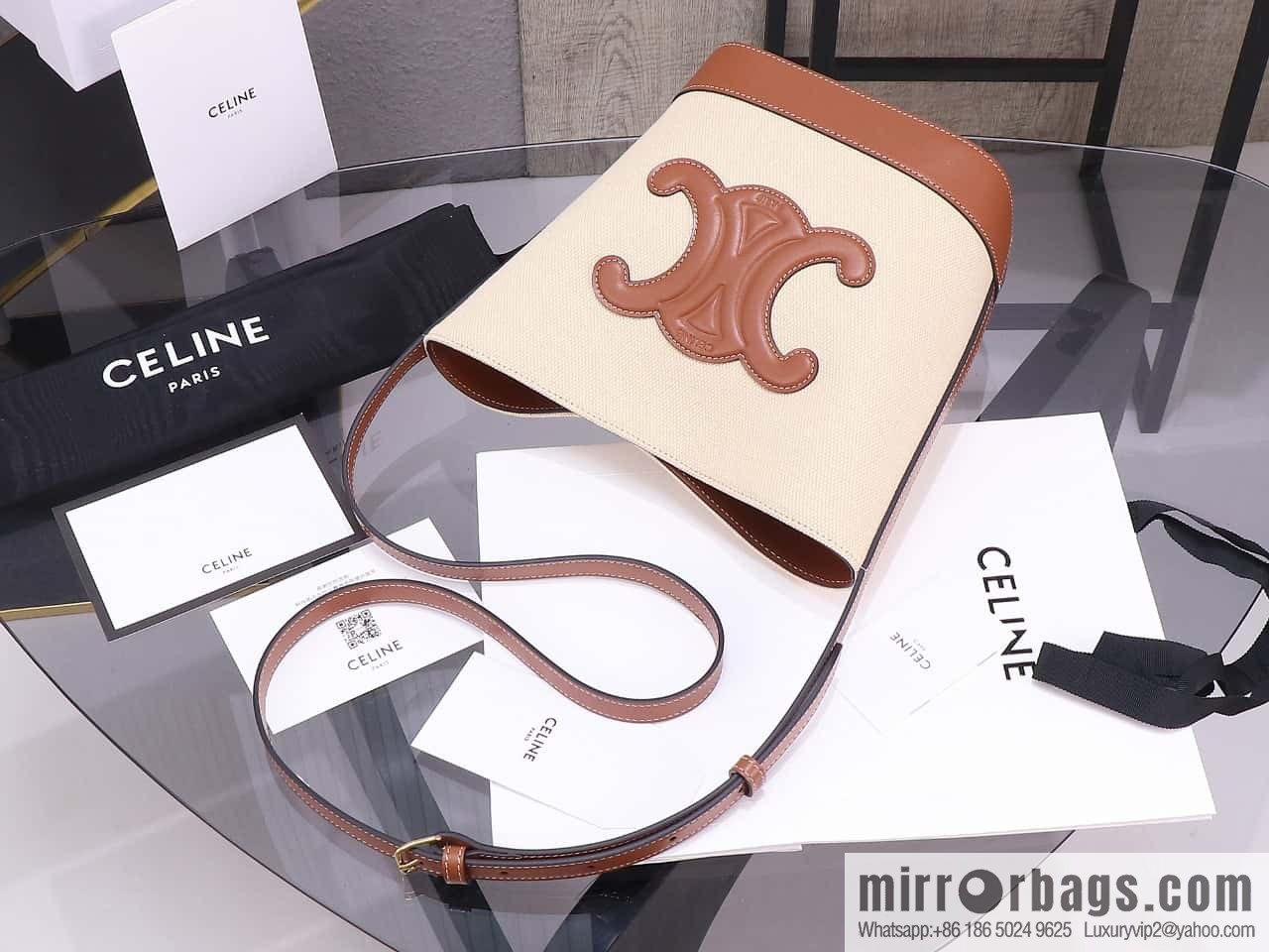[Premium quality, all-steel hardware] 23s new product | CELINE CUIR TRIOMPHE small striped fabric leather bucket bag 23s new fabric series, number: 198243DU3.04LU