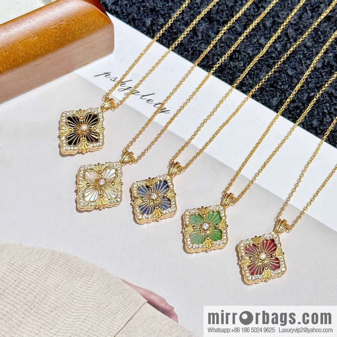 ❗️New ❗️ ☀ Buccellati Vintage court style with diamond brushed four-leaf clover shell agate chalcedony double-sided necklace ☀️