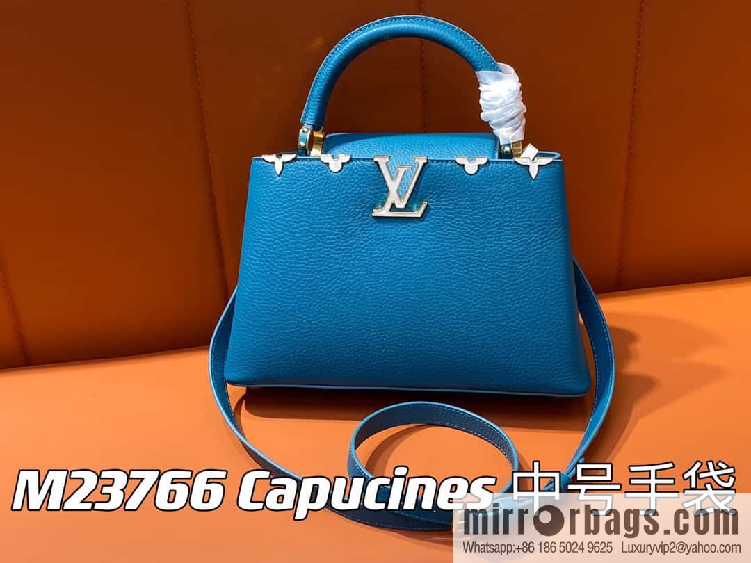 [Original order boutique] M23766 blue flower crown, full leather cap, that English series Capucines medium handbag