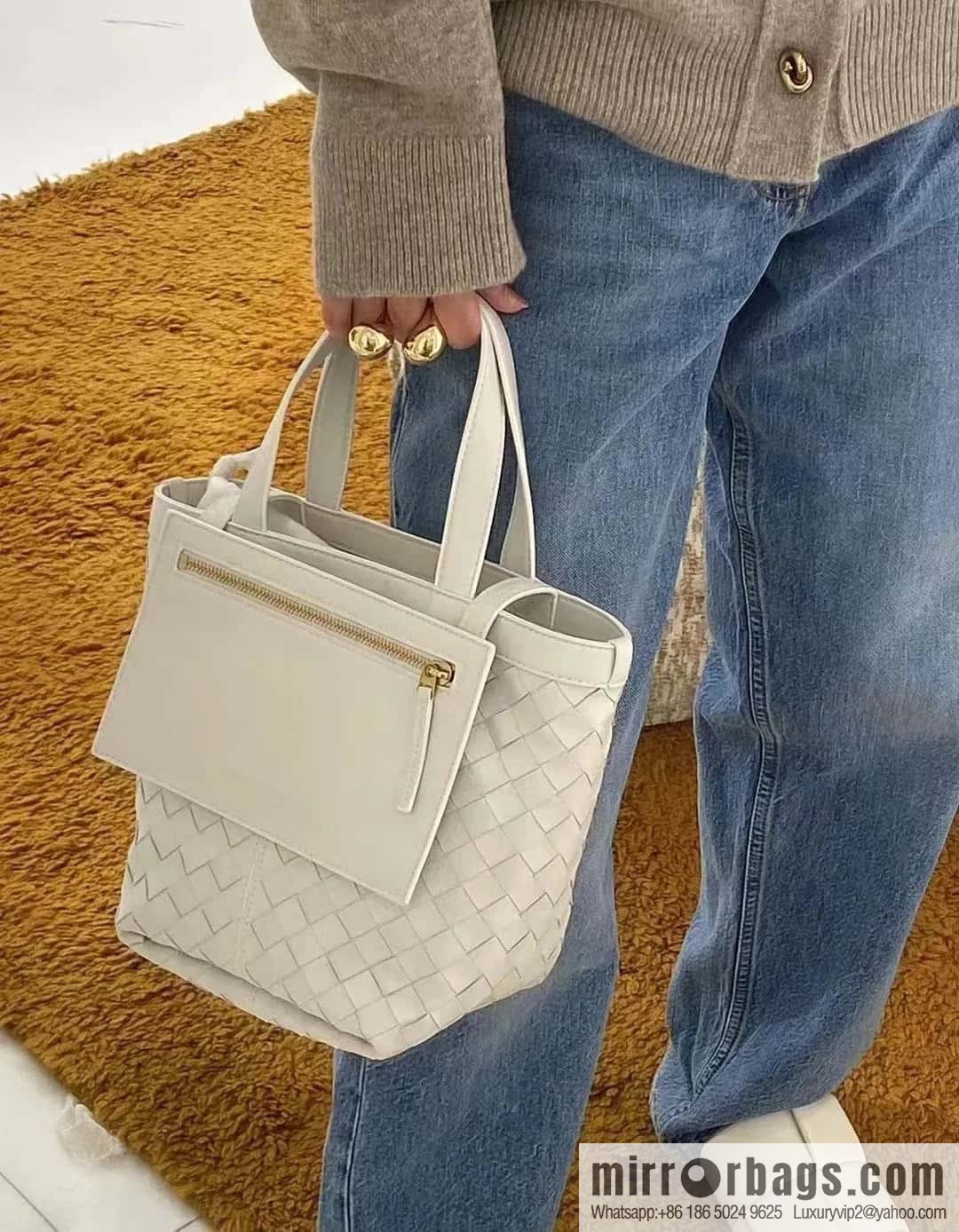 BV early autumn new tote Intrecciato woven tote handbag, model number: 754916 white