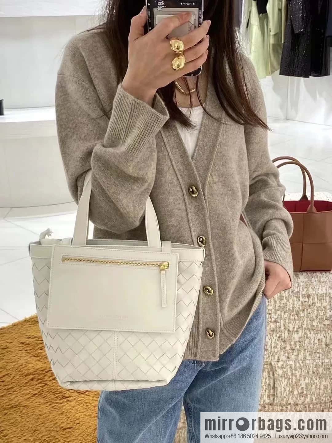BV early autumn new tote Intrecciato woven tote handbag, model number: 754916 white
