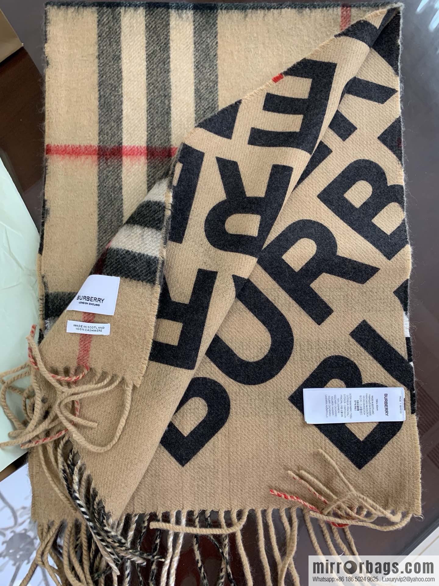 Burberry Double-Sided Letter Logo Checked Cashmere Scarf