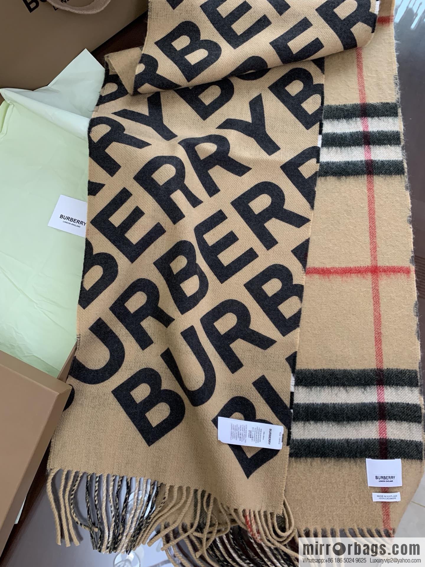 Burberry Double-Sided Letter Logo Checked Cashmere Scarf
