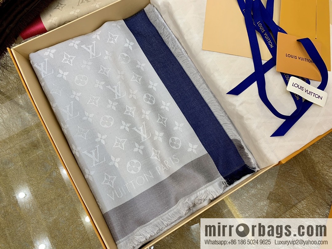 LV Louis Vuitton On The Edge Monogram Wool Mulberry Silk Blended Shawl M76371 M76465 M76372