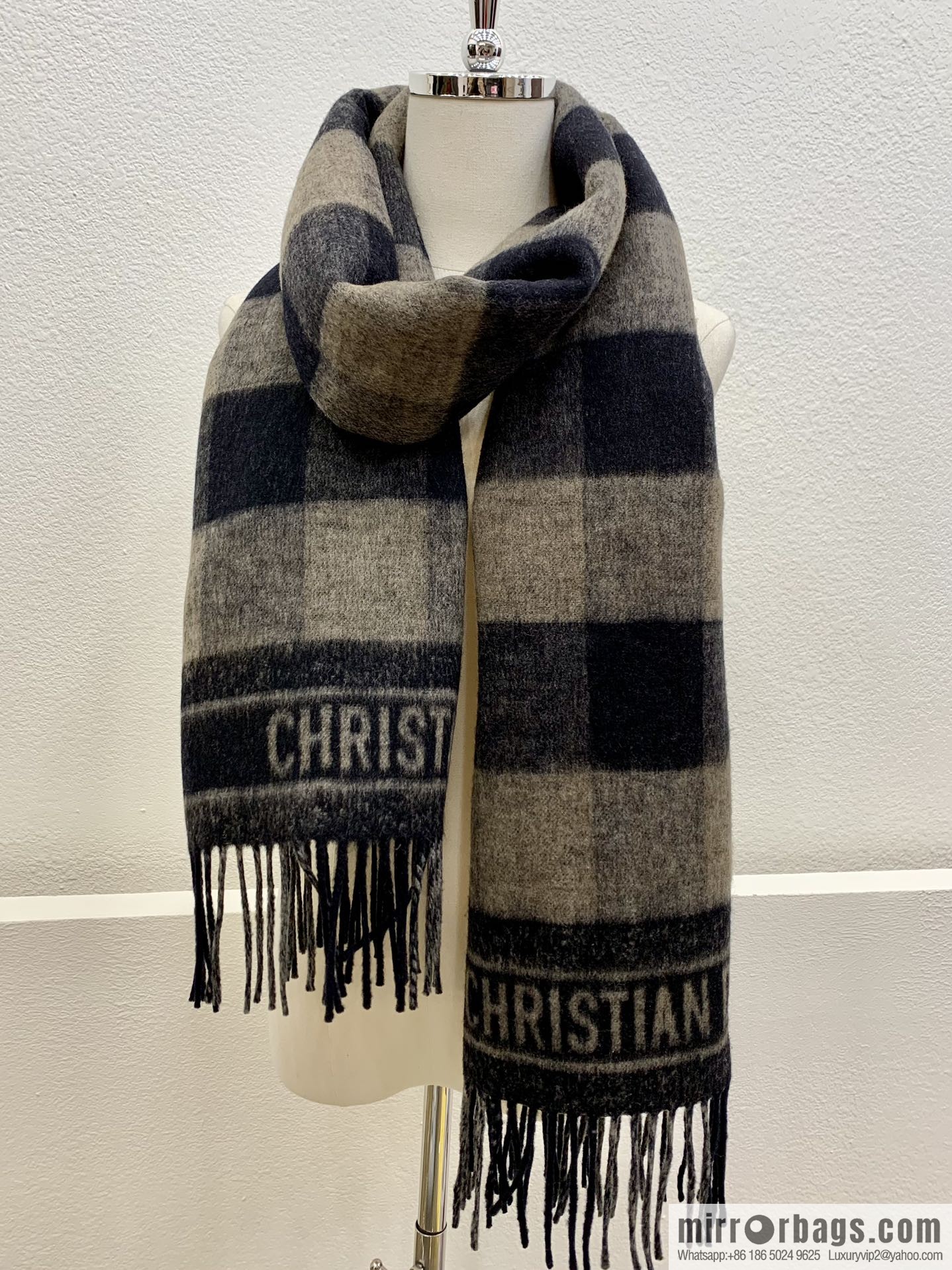 Dior Beige Black Checked Scarf Shawl