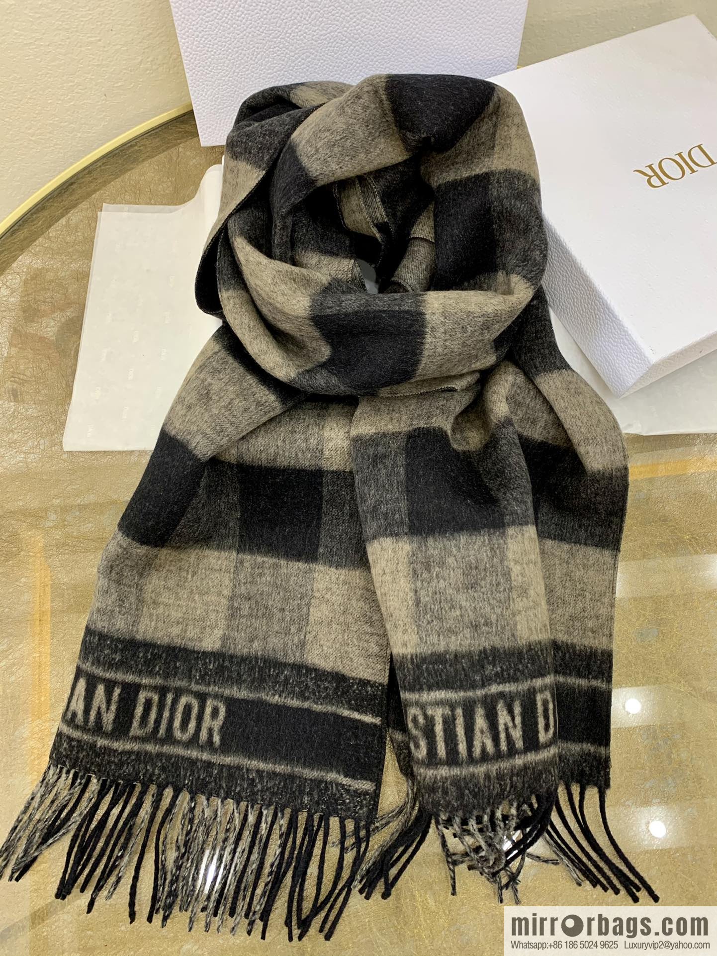 Dior Beige Black Checked Scarf Shawl