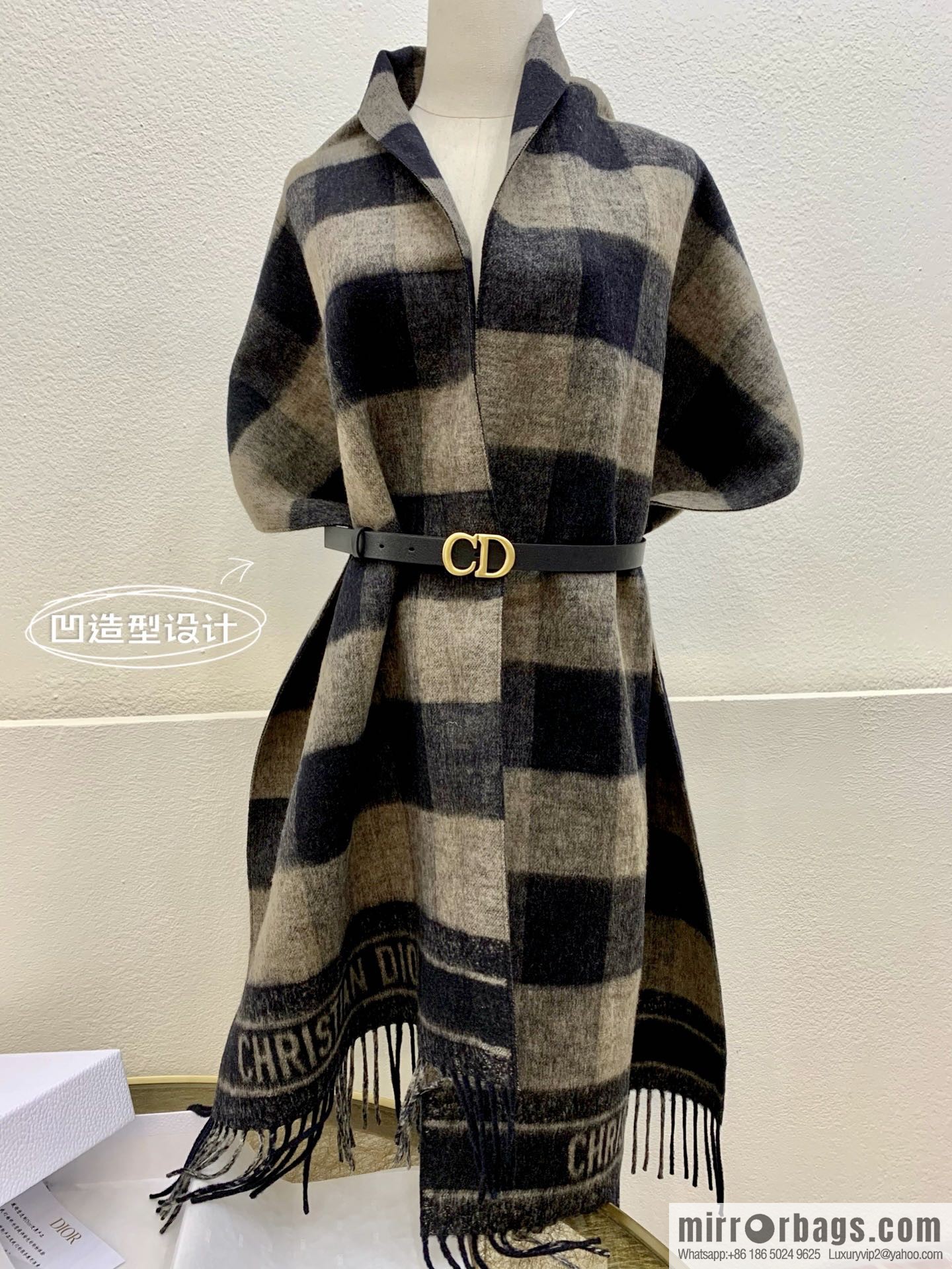 Dior Beige Black Checked Scarf Shawl