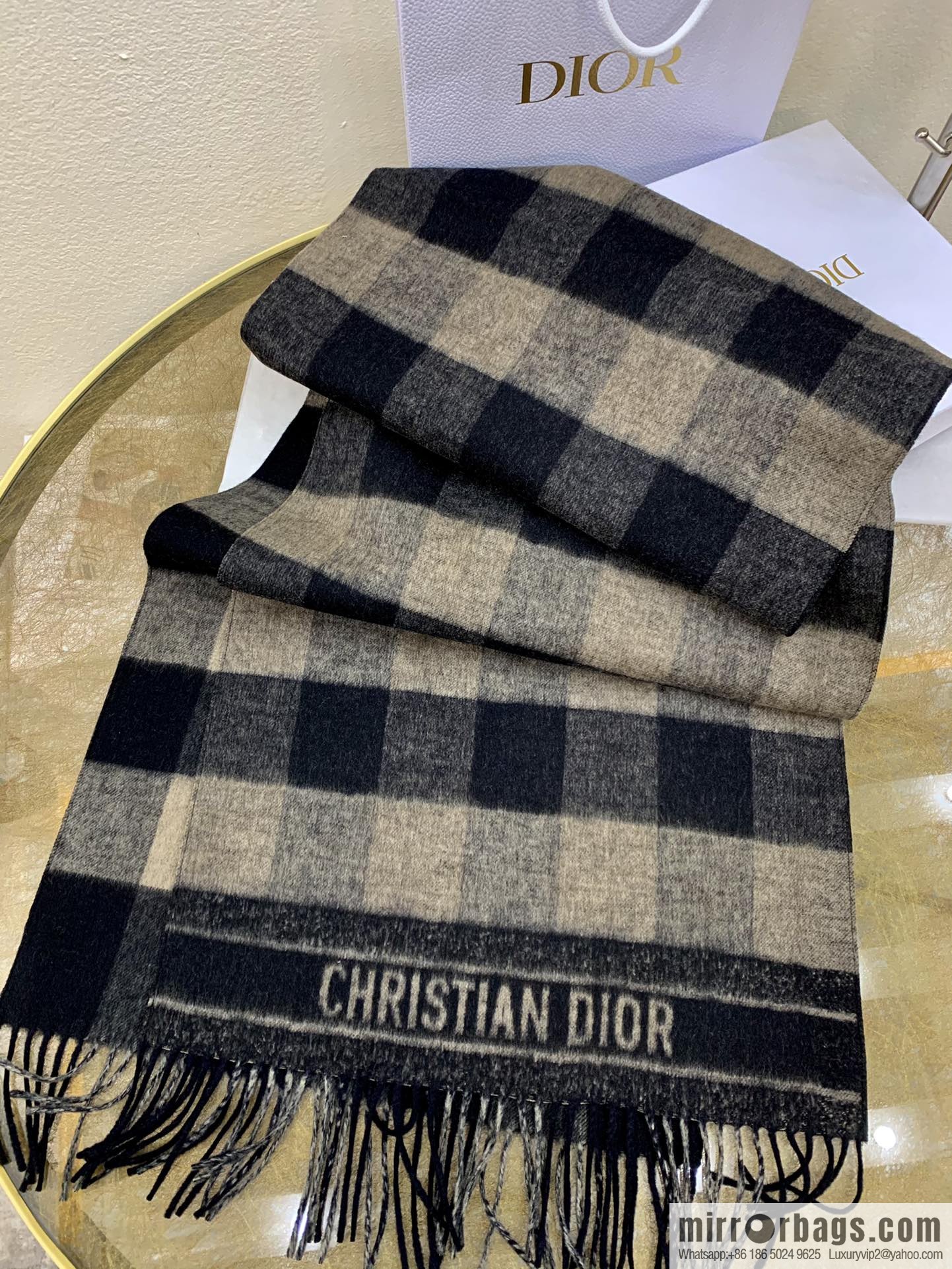 Dior Beige Black Checked Scarf Shawl