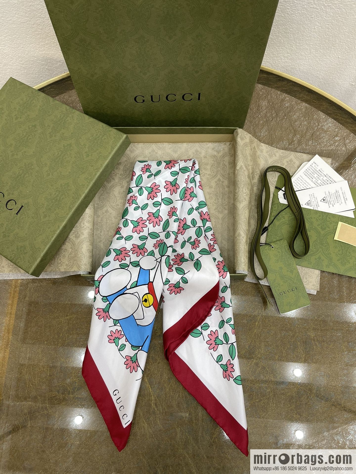 GUCCIxDoraemon joint 100% silk square scarf