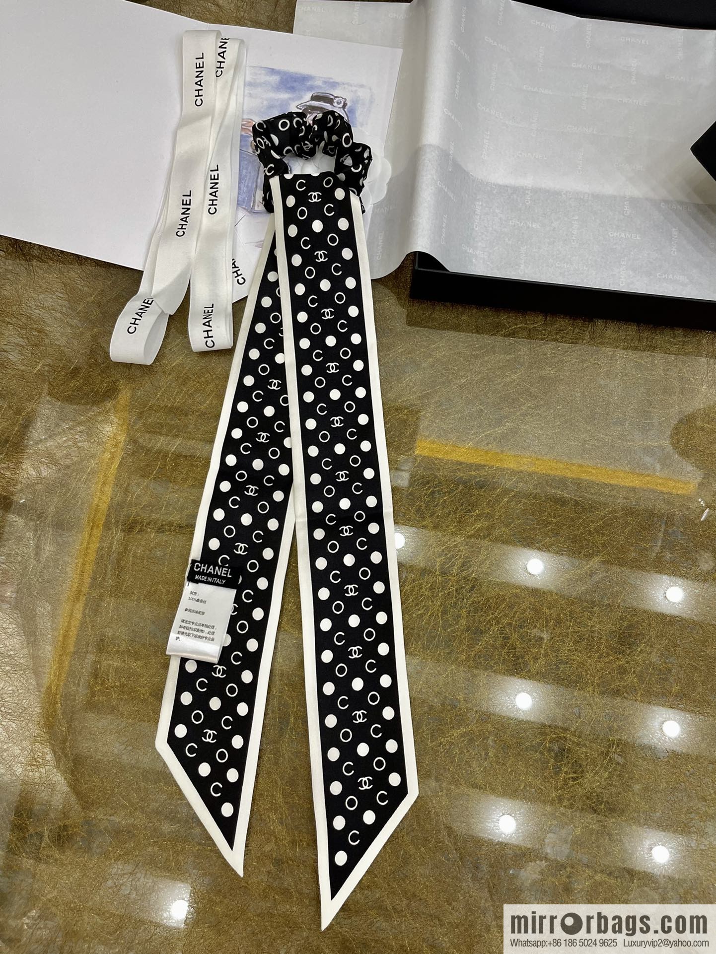 CHANEL Chanel Polka Dots Two-piece Accessories 100% Silk Ribbon aa7533