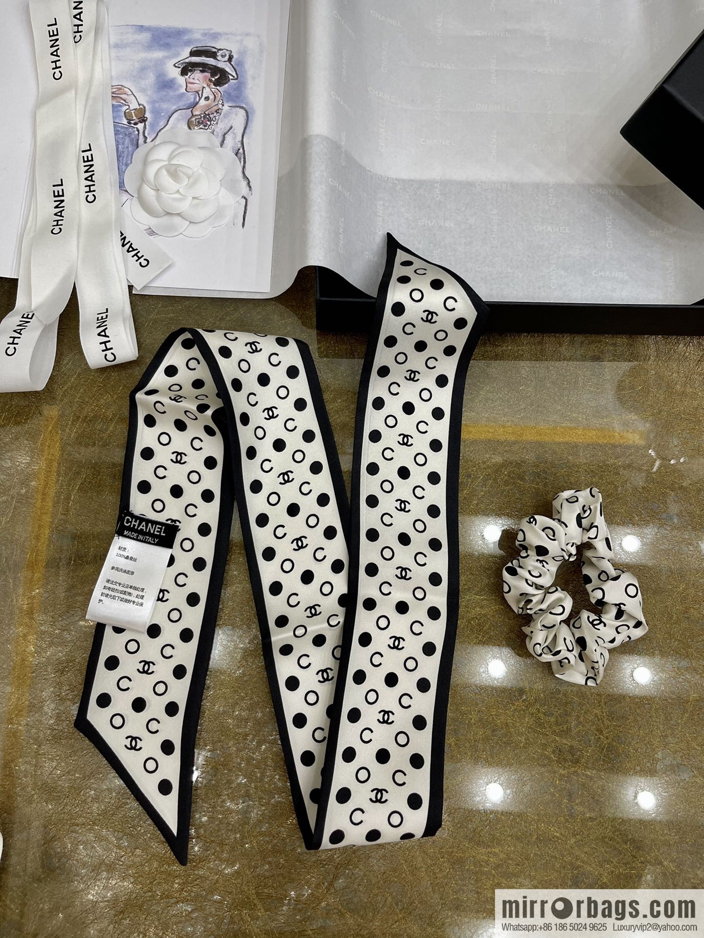 CHANEL Chanel Polka Dots Two-piece Accessories 100% Silk Ribbon aa7533
