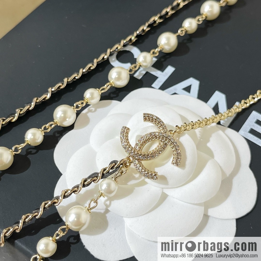 2021 new CHANEL Chanel double c pearl double layer black leather rope necklace