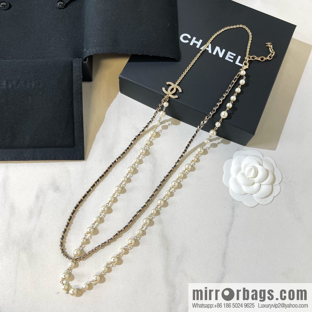 2021 new CHANEL Chanel double c pearl double layer black leather rope necklace