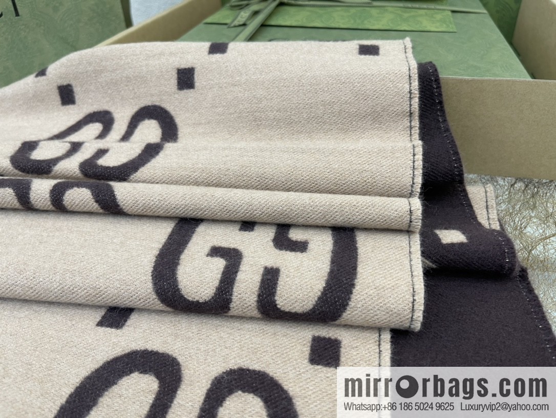 GUCCI Gucci Brown and Beige GG Jacquard Wool Silk Scarf 495592