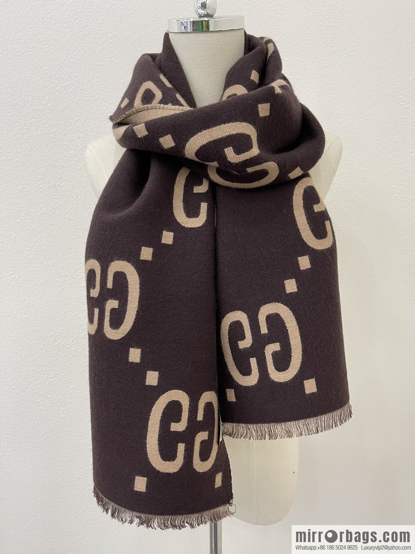 GUCCI Gucci Brown and Beige GG Jacquard Wool Silk Scarf 495592
