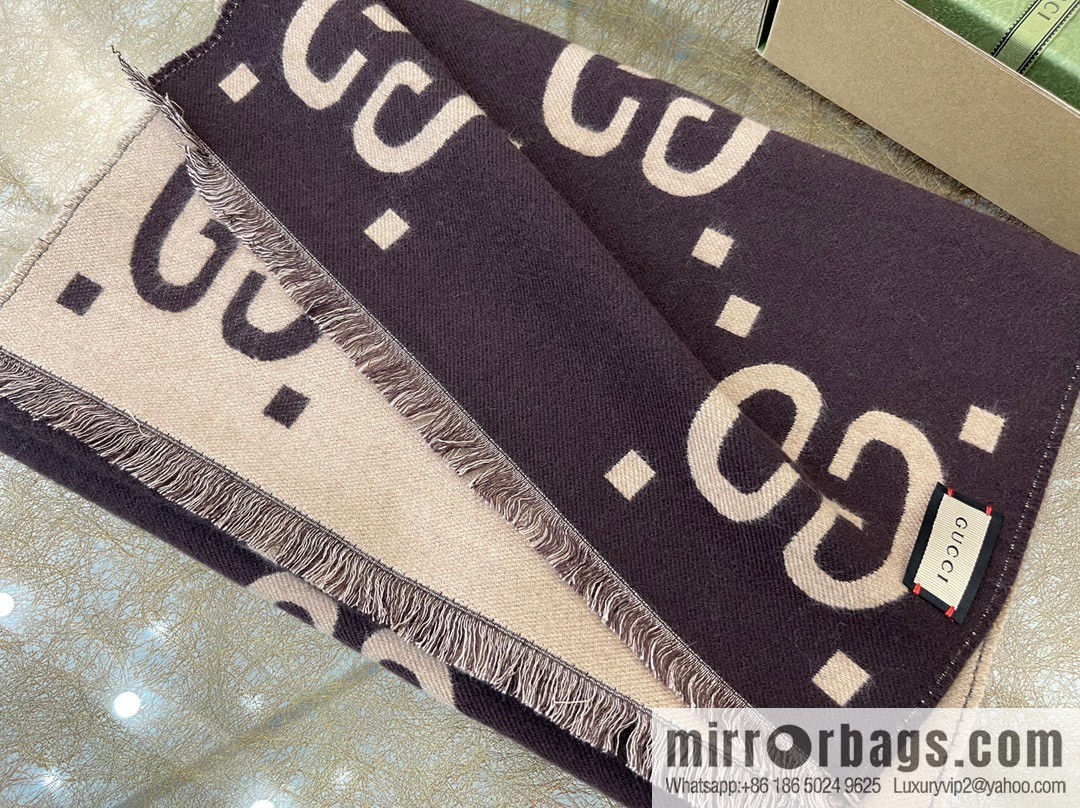 GUCCI Gucci Brown and Beige GG Jacquard Wool Silk Scarf 495592