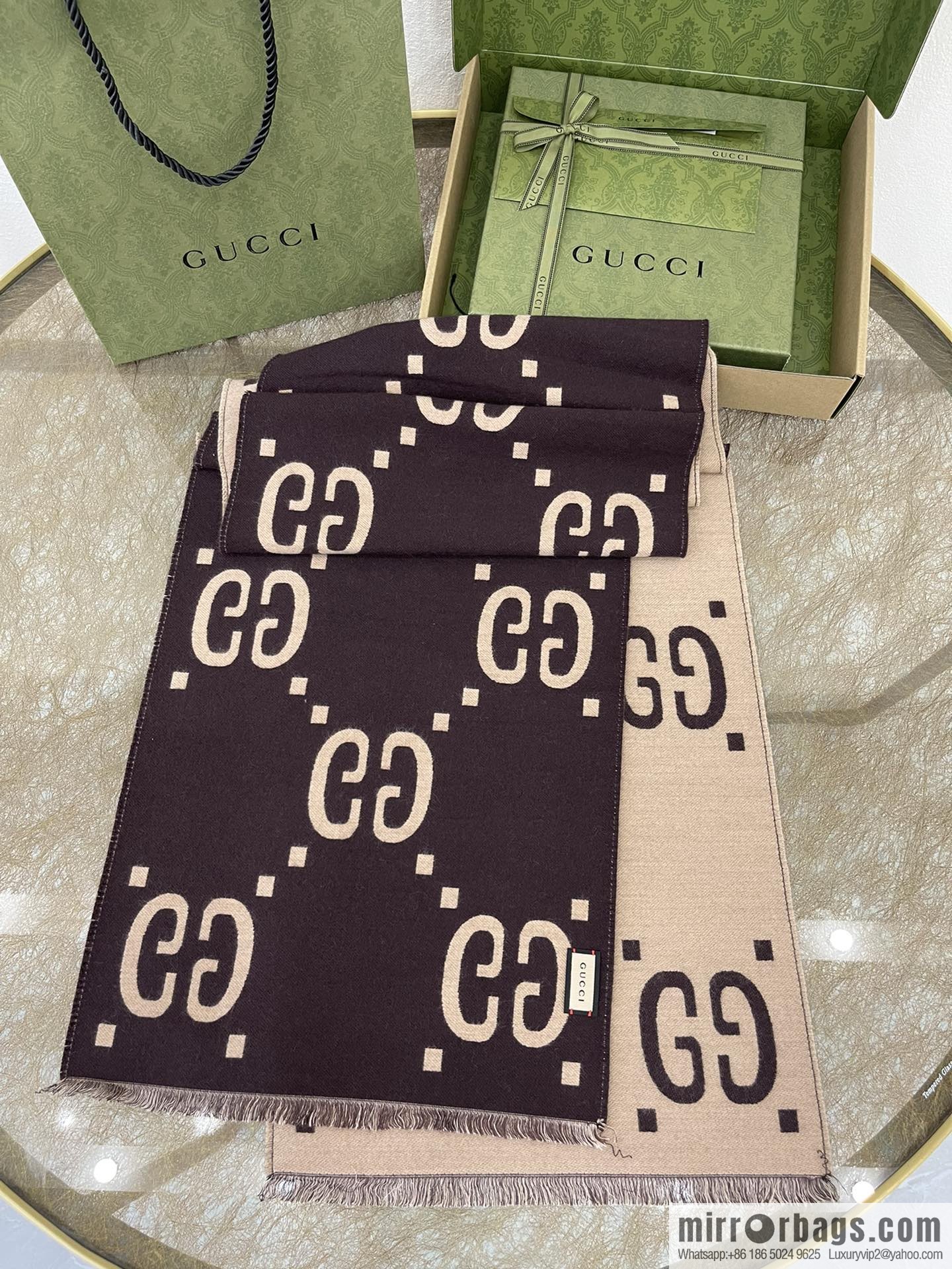 GUCCI Gucci Brown and Beige GG Jacquard Wool Silk Scarf 495592