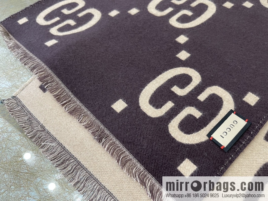 GUCCI Gucci Brown and Beige GG Jacquard Wool Silk Scarf 495592