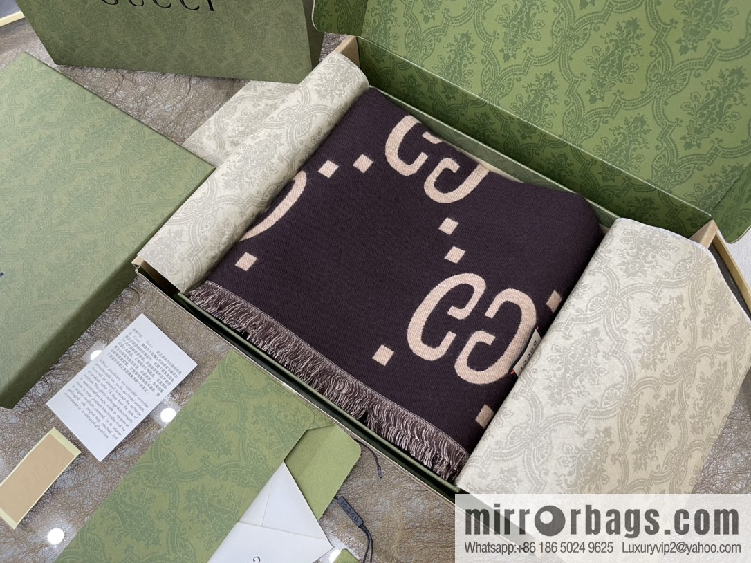 GUCCI Gucci Brown and Beige GG Jacquard Wool Silk Scarf 495592
