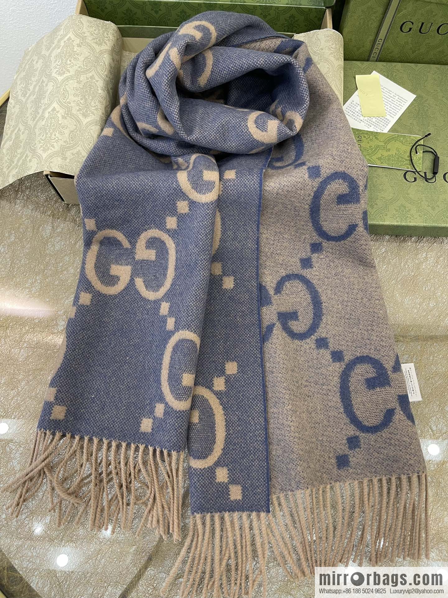 GUCCI Gucci GG pattern fringed detail pure cashmere scarf 674275