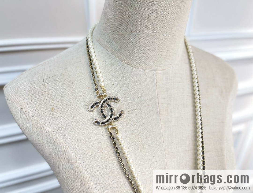 CHANEL Chanel Double C Black Leather Rope Double Pearl Necklace Sweater Chain