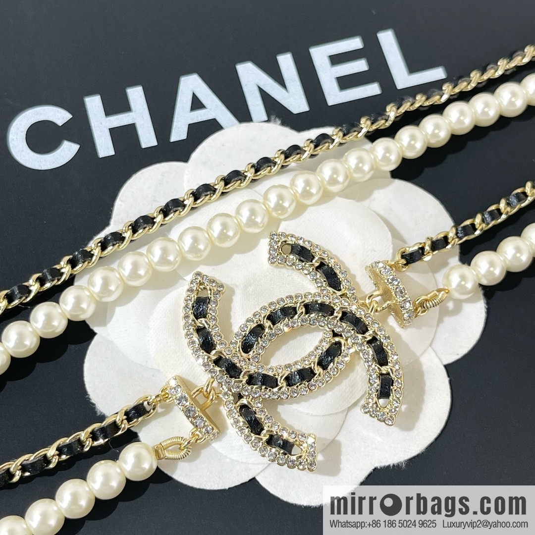 CHANEL Chanel Double C Black Leather Rope Double Pearl Necklace Sweater Chain