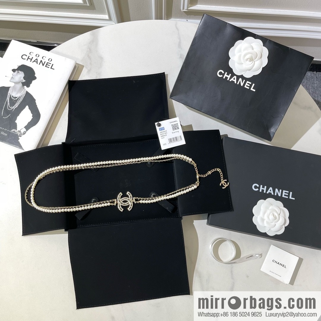 CHANEL Chanel Double C Black Leather Rope Double Pearl Necklace Sweater Chain