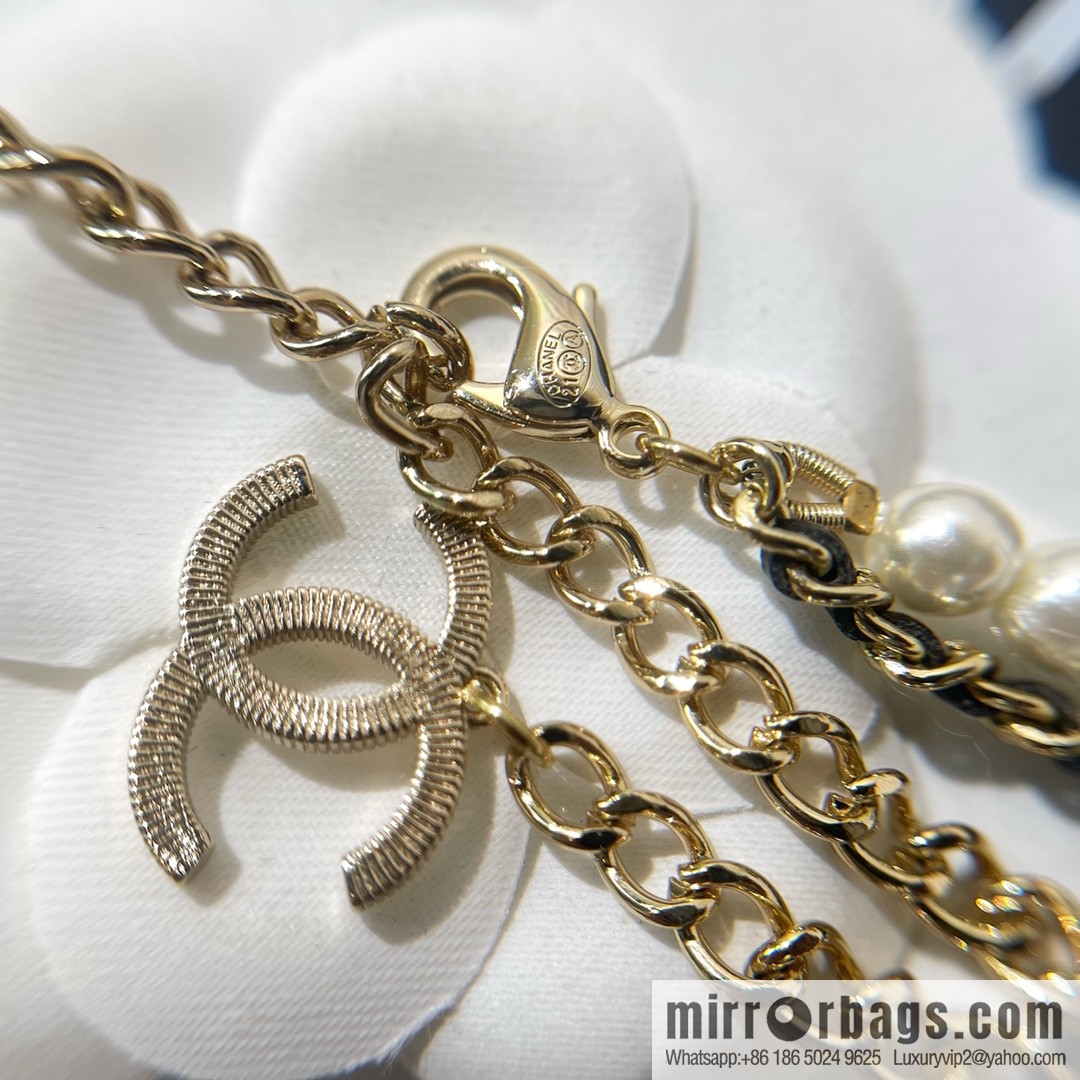 CHANEL Chanel Double C Black Leather Rope Double Pearl Necklace Sweater Chain